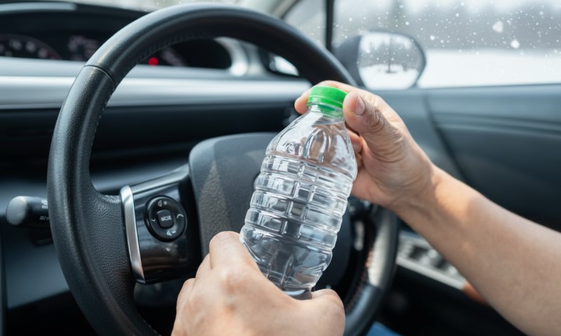 Vozač otvara flašicu vode tokom vožnje