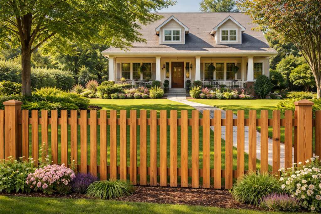 Drvena ograda sa vertikalnim letvama ispred uređene porodične kuće i velikog zelenog dvorišta