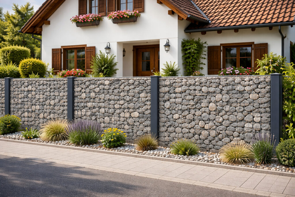 Gabionska ograda ispunjena prirodnim kamenom ispred tradicionalno uređene porodične kuće sa drvenim detaljima