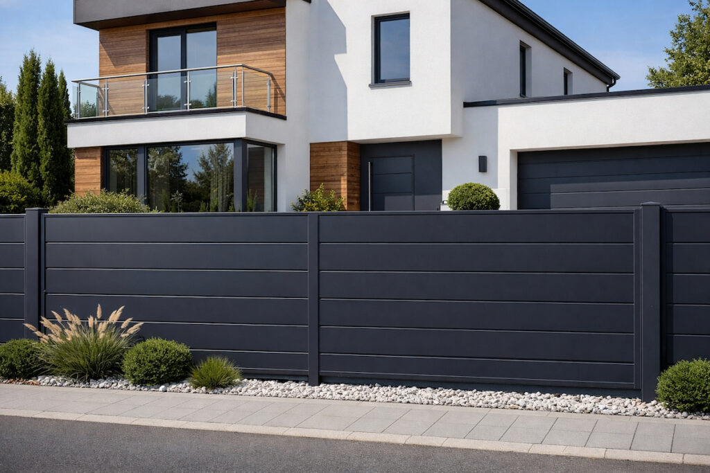 Moderna panelna metalna ograda u antracit boji ispred savremeno uređene porodične kuće sa velikim staklenim površinama