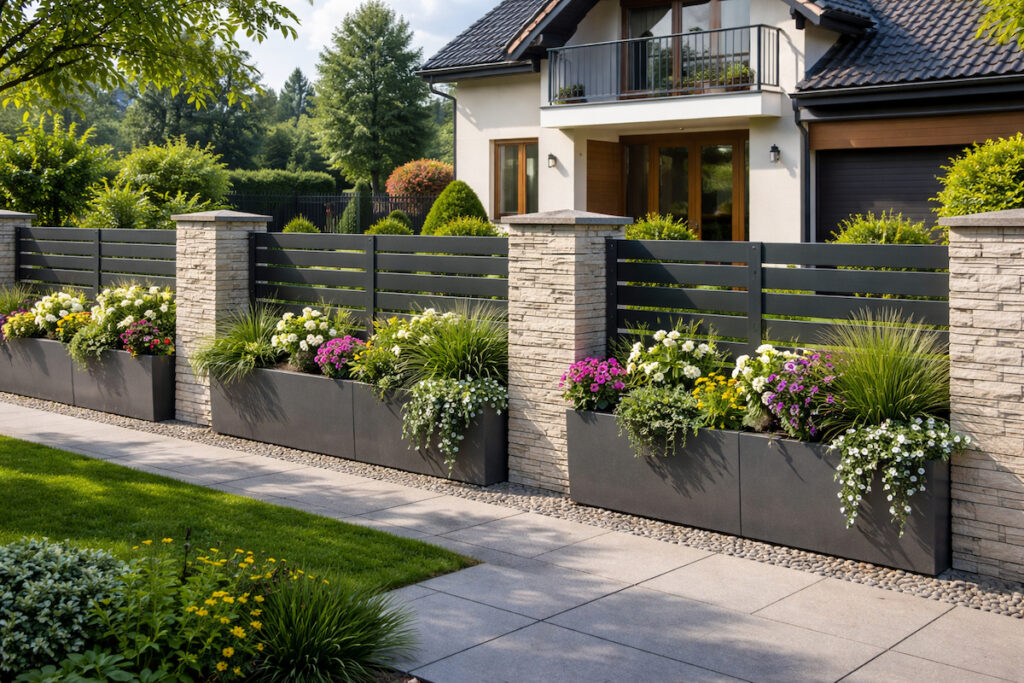 Moderna dvorišna ograda sa integrisanim žardinjerama i cvećem ispred porodične kuće