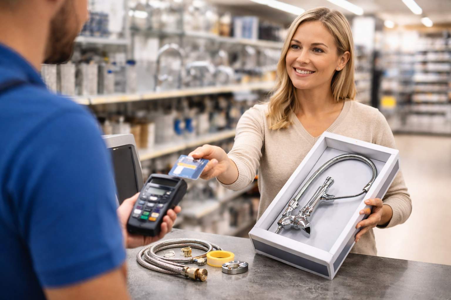 Zena kupuje slavinu u prodavnici