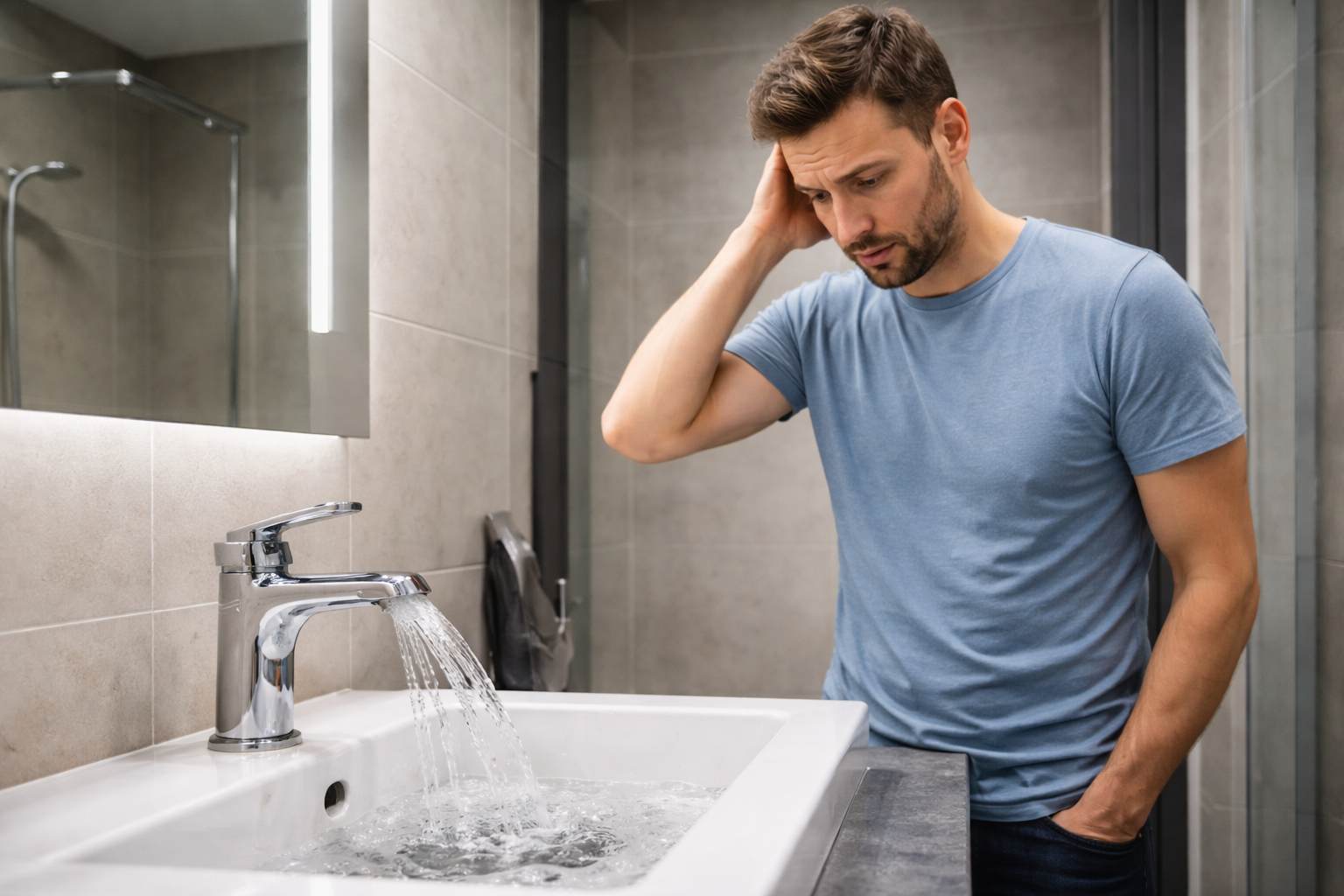 Covek koji gleda u svoju pokvarenu slavinu