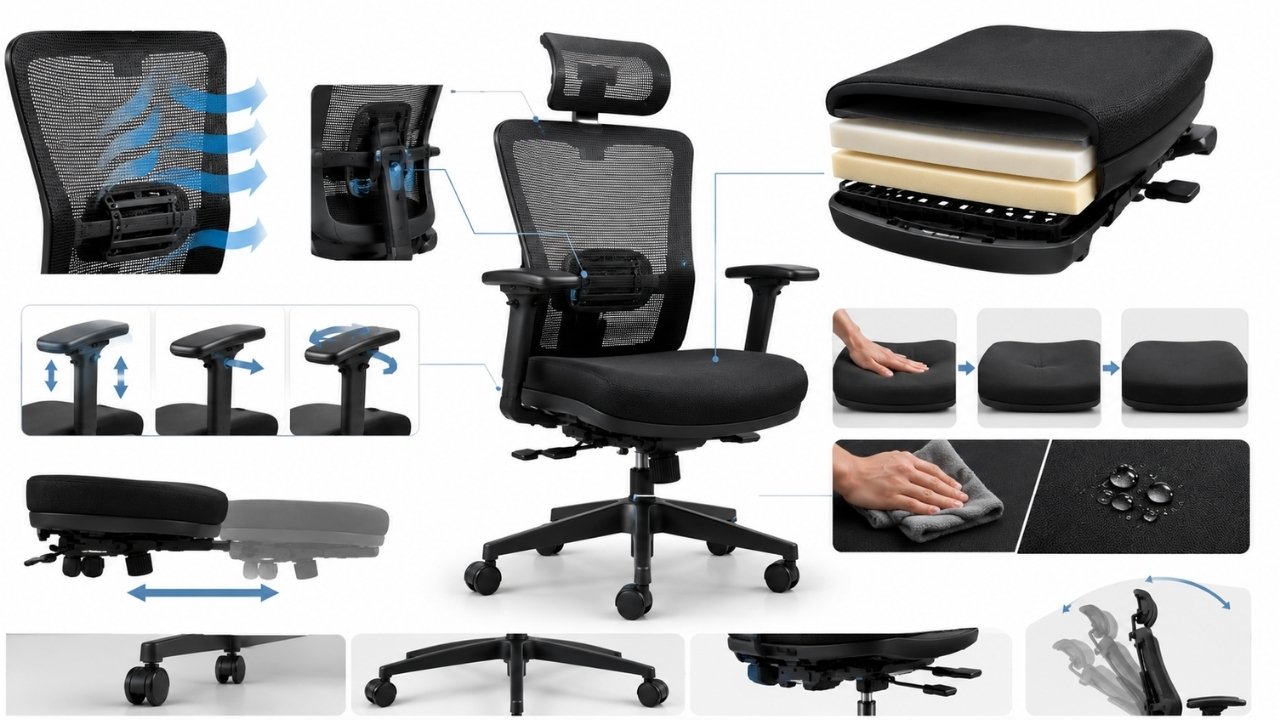 Stolica sa prikazom mrežastog naslona, lumbalne podrške, slojeva sunđera u sedištu i podešavanja ključnih ergonomskih funkcija.