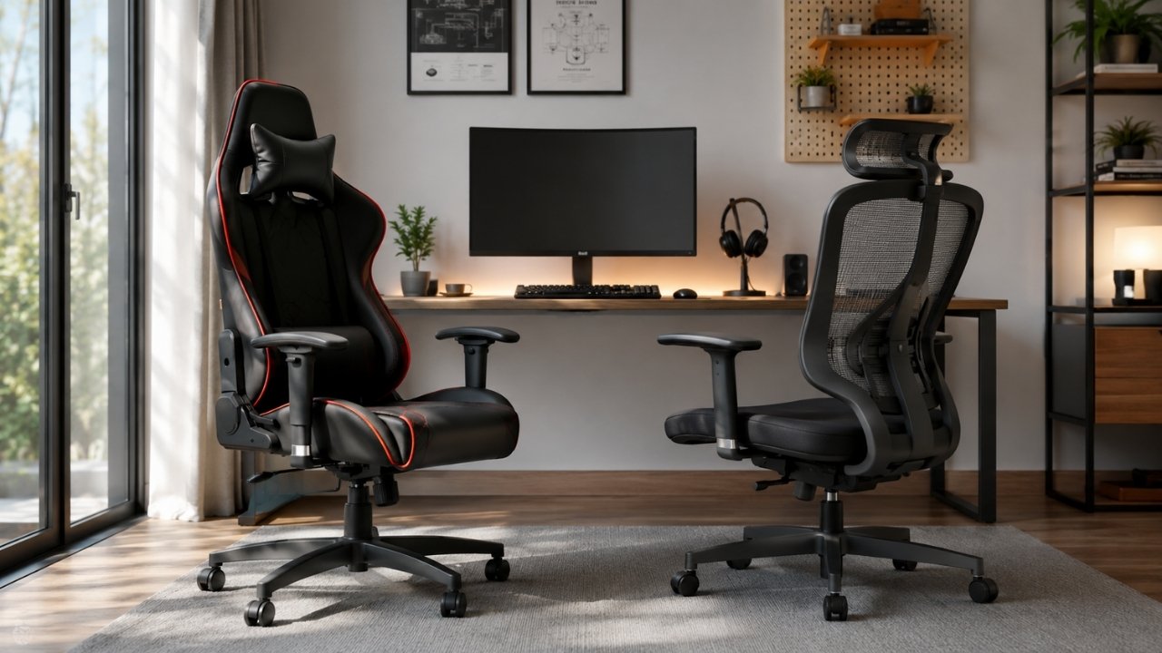 Gaming i kancelarijska stolica postavljene jedna pored druge u modernom kućnom radnom prostoru sa računarom, prikazujući razlike između sportskog gaming dizajna i ergonomskog kancelarijskog modela sa mrežastim naslonom.