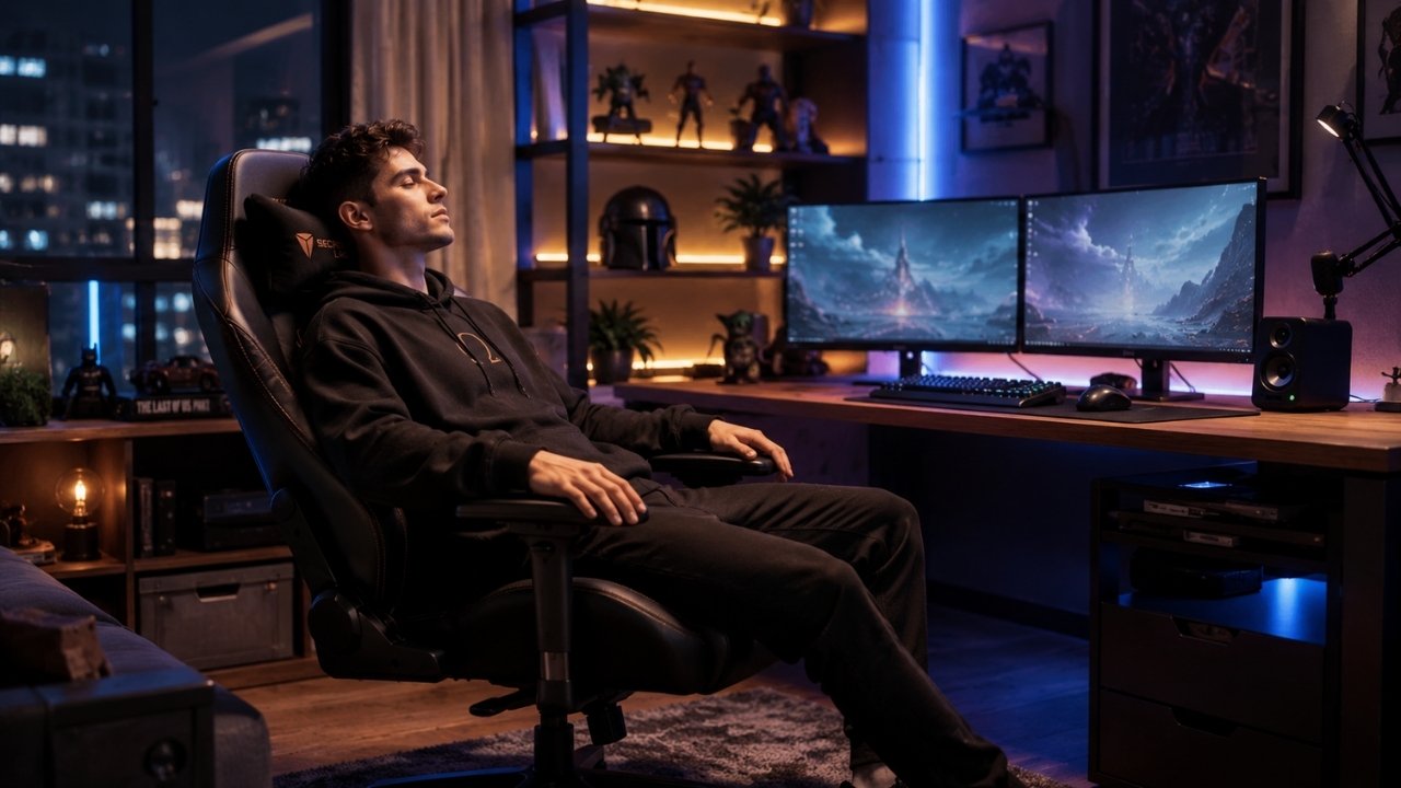 Osoba se opušta u gaming stolici sa visokim naslonom u modernom gejming kutku sa dva monitora i ambijentalnim osvetljenjem.