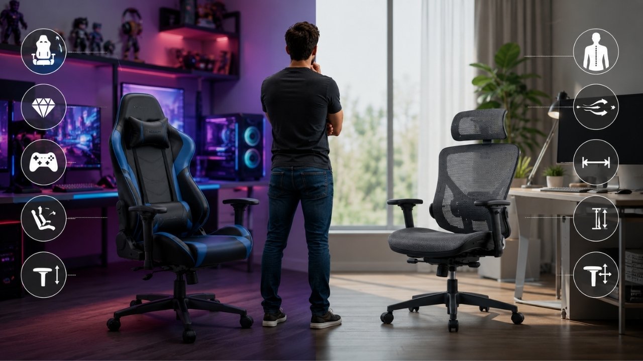 Osoba upoređuje gaming i kancelarijsku stolicu u podeljenom prikazu koji ističe razlike između gejming estetike i ergonomije za dugotrajan rad.