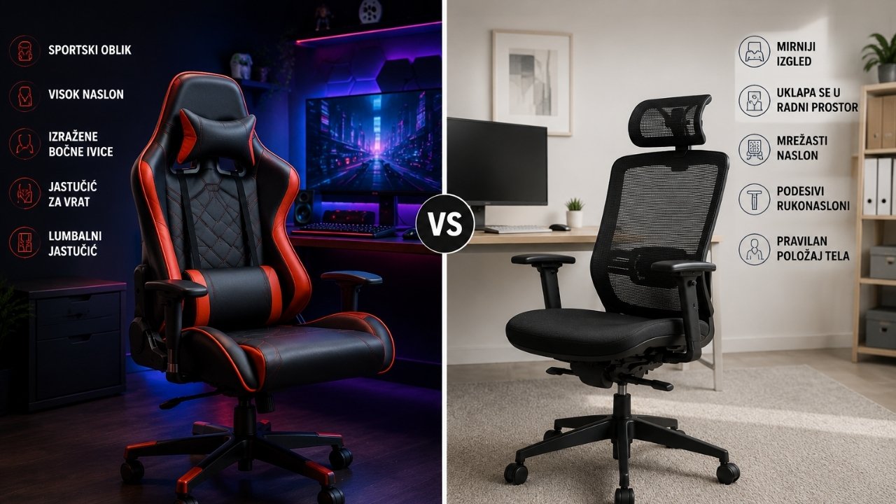 Poređenje gaming i kancelarijske stolice u split screen prikazu. Levo je gaming stolica sa visokim naslonom, bočnim osloncima i jastučićima za vrat i leđa u gejming okruženju. Desno je ergonomska kancelarijska stolica sa mrežastim naslonom i podesivim rukonaslonima u modernom radnom prostoru.