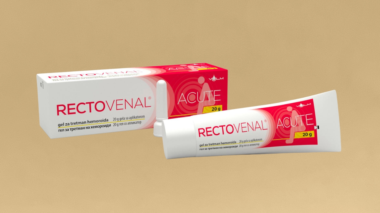 RECTOVENAL Acute gel za hemoroide prikazan je uz kutiju proizvoda
